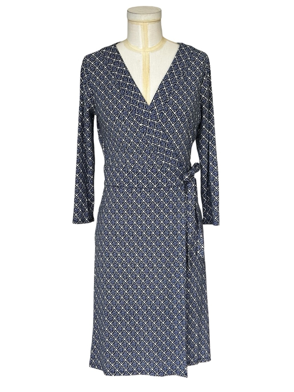 Ann Taylor Mosaic Print Wrap Dress Navy & White Midi Career‎ Office Size 4